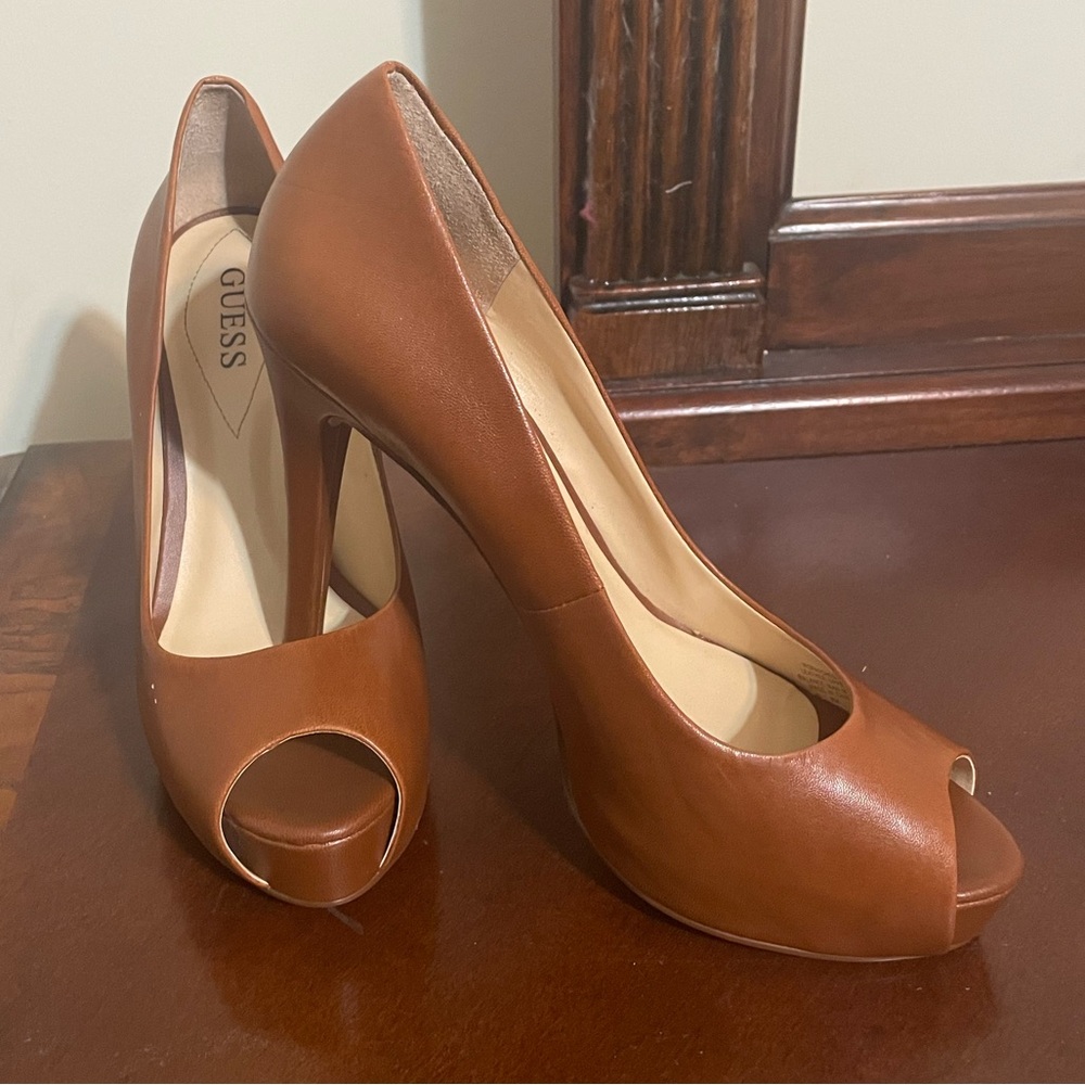 Guess Tan Peep Toe Pumps